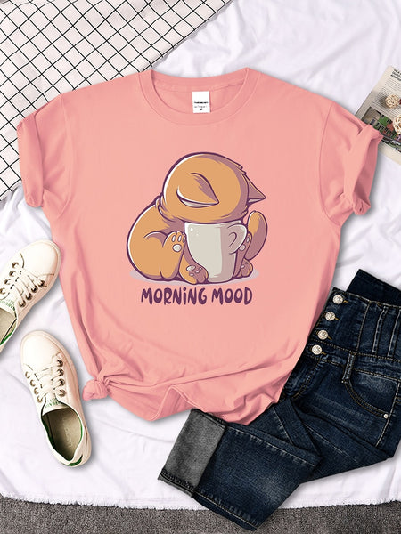 Funny Cat & Coffee T-Shirt T-Shirt Pink / S KiniCatShop